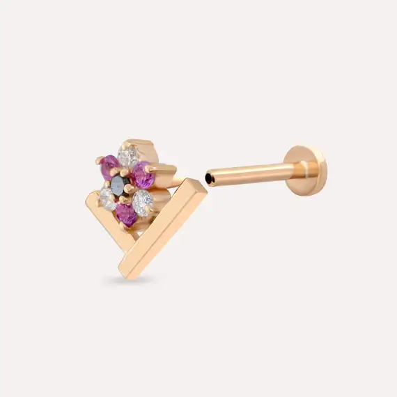 Camelia Pırlanta ve Multicolor Safir Taşlı Rose Altın Piercing - 4