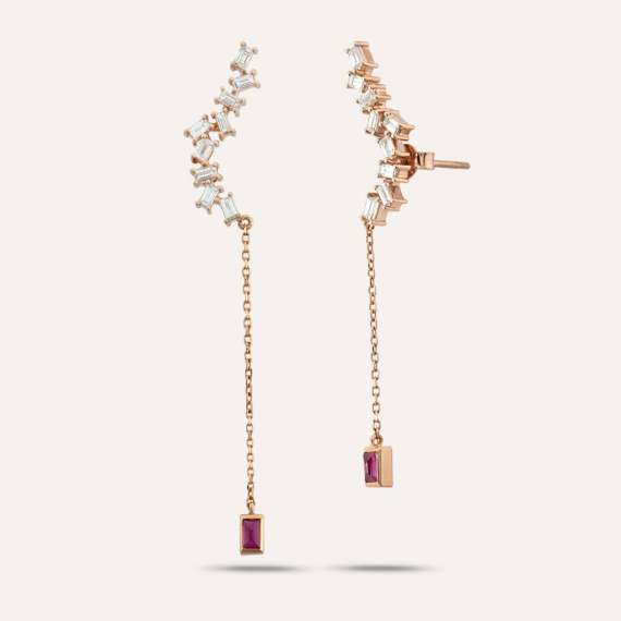 Ceti Ruby and Baguette Cut Diamond Rose Gold Earring - 1