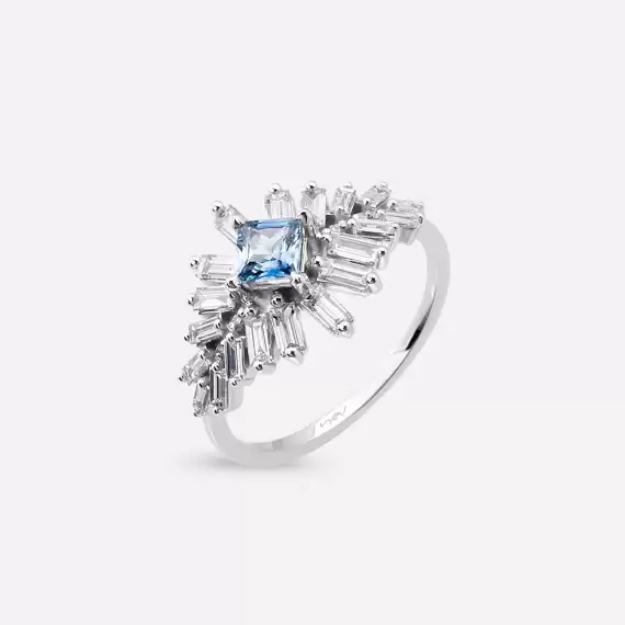 Chic 1.19 CT Blue Safir ve Baget Pırlanta Taşlı Beyaz Altın Yüzük - 3