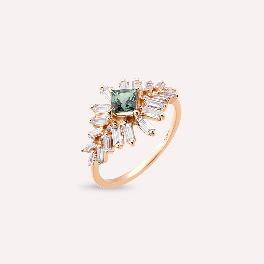 Chic 1.32 CT Green Safir ve Baget Pırlanta Taşlı Rose Altın Yüzük - 3