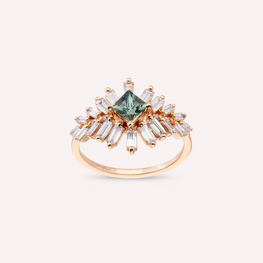Chic 1.32 CT Green Sapphire and Baguette Cut Diamond Rose Gold Ring - 1