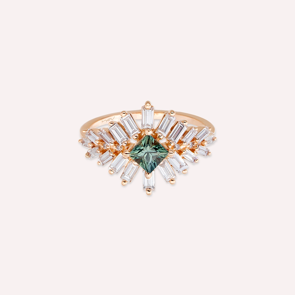 Chic 1.32 CT Green Sapphire and Baguette Cut Diamond Rose Gold Ring - 4