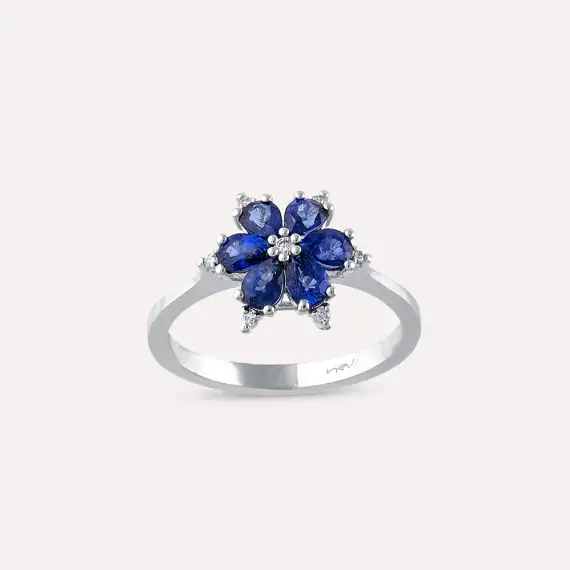 Clematis 1.27 CT Safir ve Pırlanta Taşlı Beyaz Altın Yüzük - 1