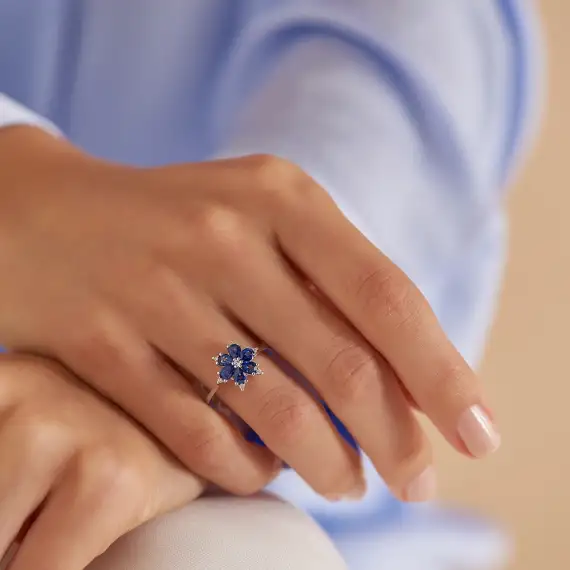 Clematis 1.27 CT Safir ve Pırlanta Taşlı Beyaz Altın Yüzük - 2