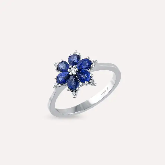 Clematis 1.27 CT Safir ve Pırlanta Taşlı Beyaz Altın Yüzük - 4