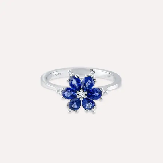 Clematis 1.27 CT Safir ve Pırlanta Taşlı Beyaz Altın Yüzük - 5