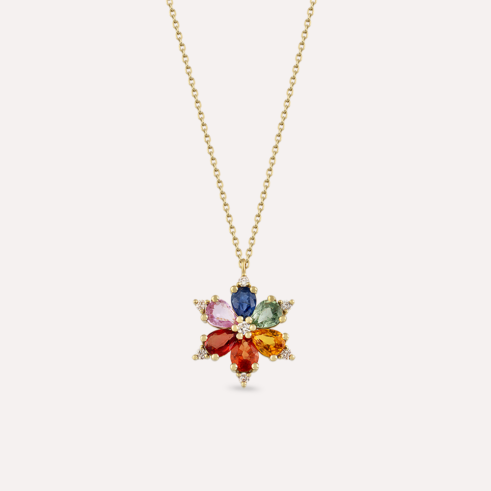 Clematis 1.28 CT Multicolor Sapphire and Diamond Yellow Gold Necklace - 2