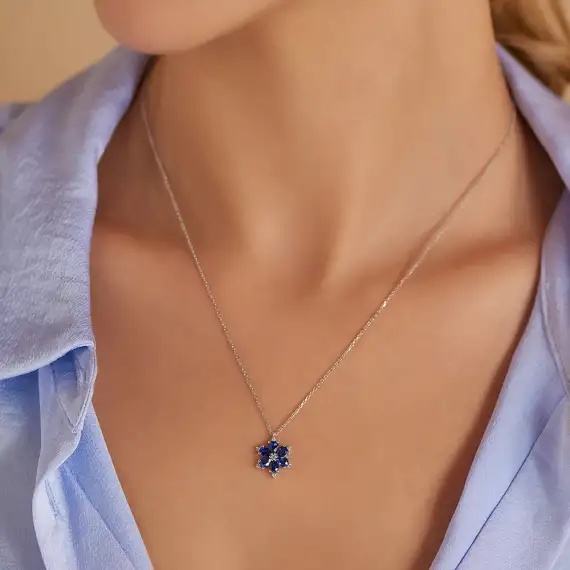 Clematis 1.31 CT Safir ve Pırlanta Taşlı Beyaz Altın Kolye - 2