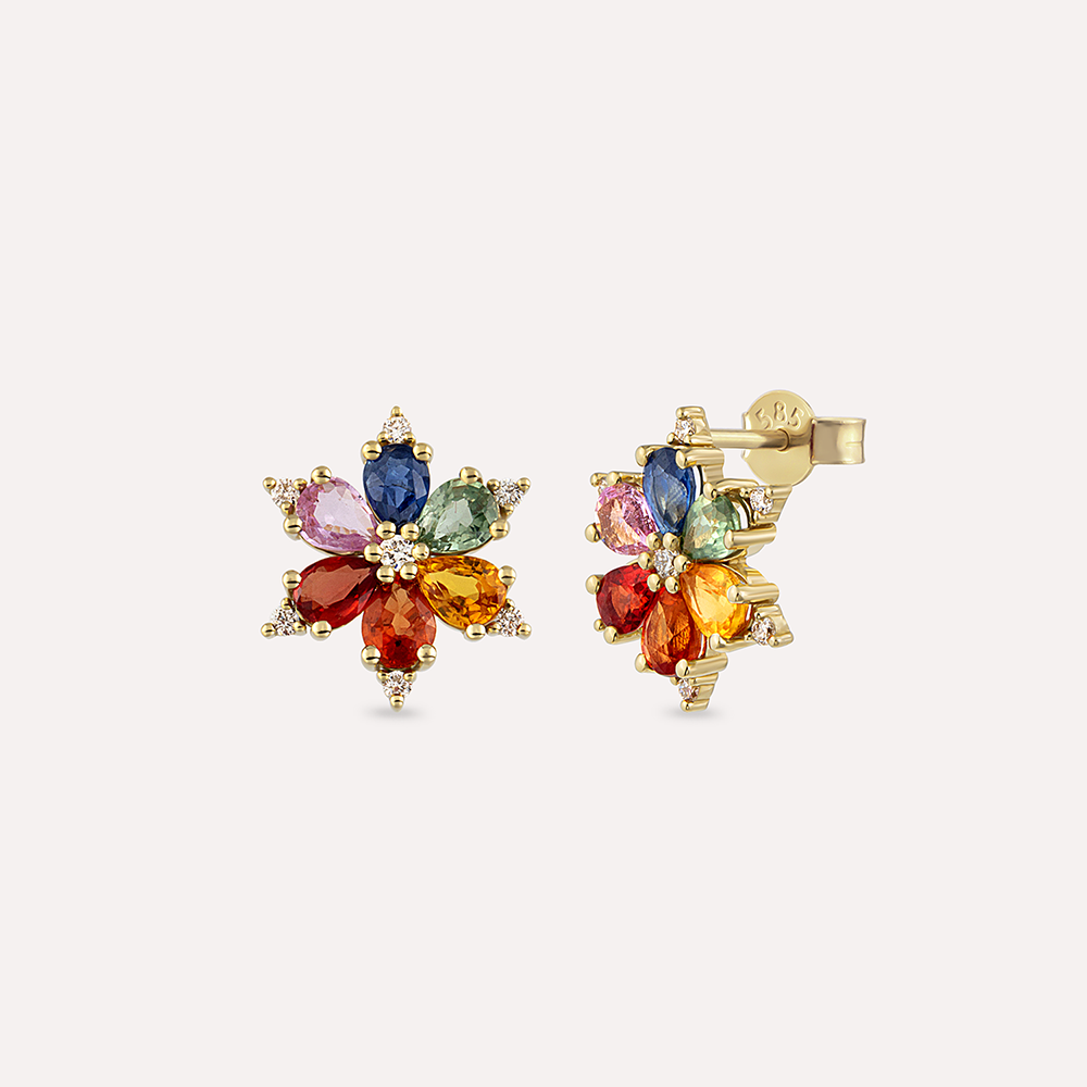 Clematis 2.54 CT Multicolor Sapphire and Diamond Yellow Gold Earring - 2