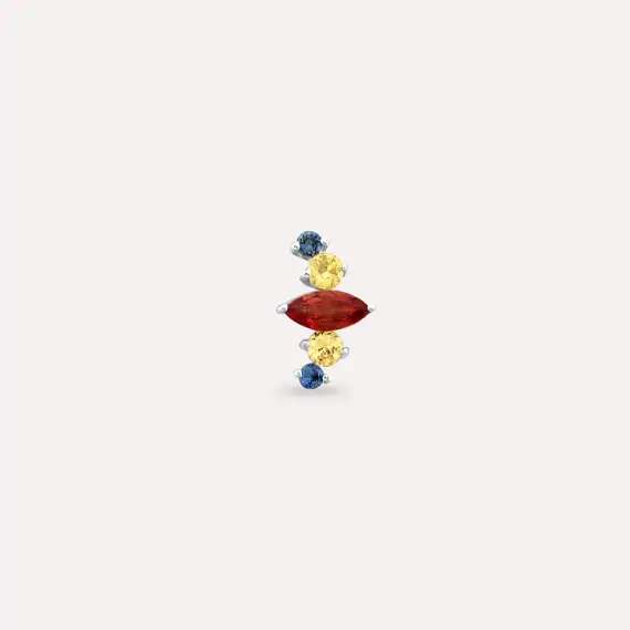 Crown Multicolor Sapphire White Gold Single Earring - 3