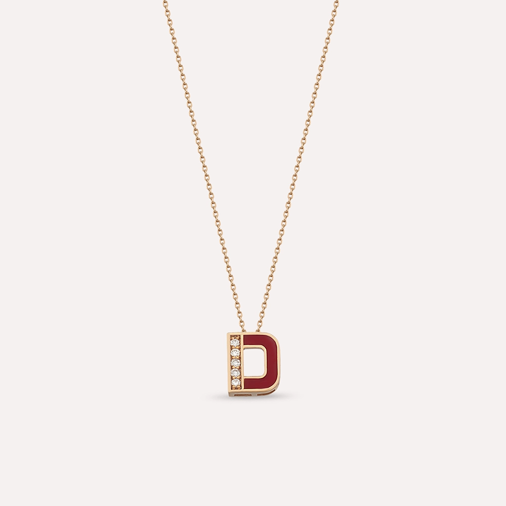 D Letter Diamond and Burgundy Enamel Rose Gold Pendant - 1