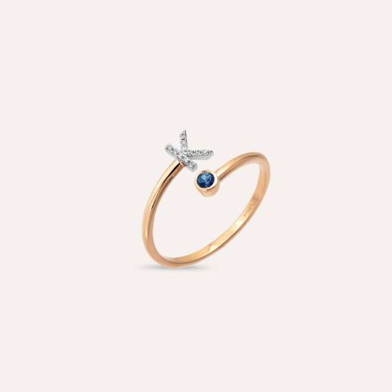 Diamond and Blue Sapphire Rose Gold K Letter Ring - 3