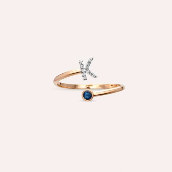 Diamond and Blue Sapphire Rose Gold K Letter Ring - 4