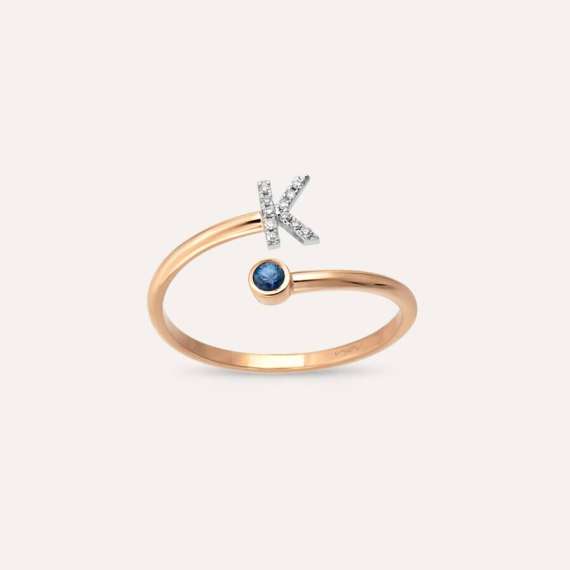 Diamond and Blue Sapphire Rose Gold K Letter Ring - 1