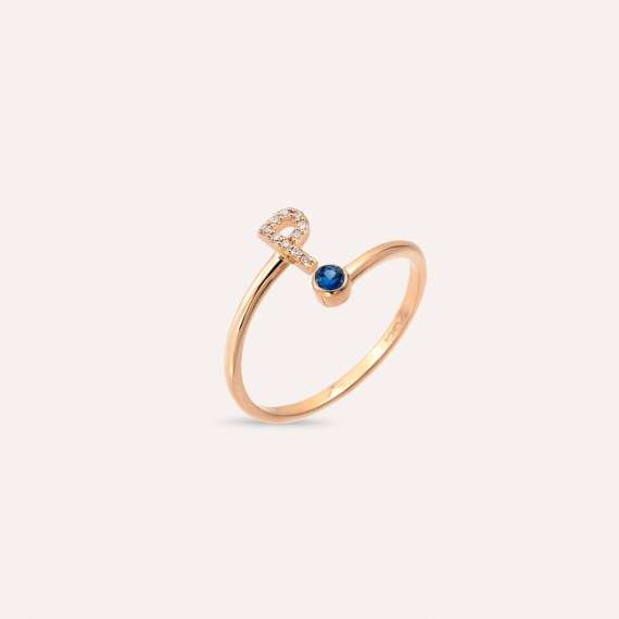 Diamond and Blue Sapphire Rose Gold P Letter Ring - 3
