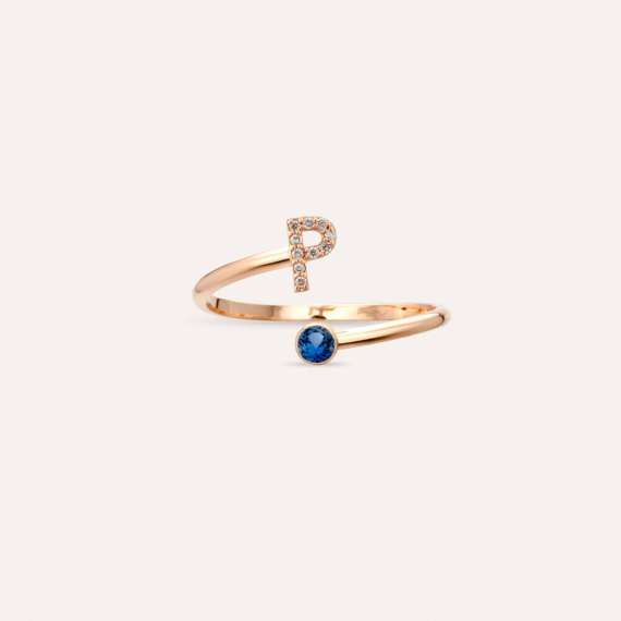 Diamond and Blue Sapphire Rose Gold P Letter Ring - 4