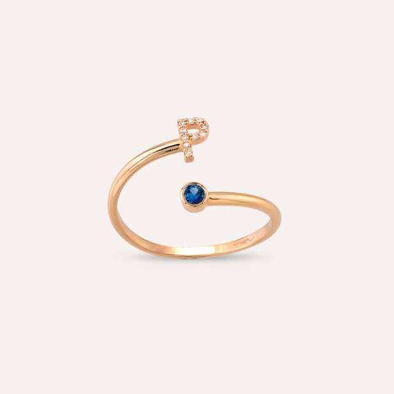 Diamond and Blue Sapphire Rose Gold P Letter Ring - 1