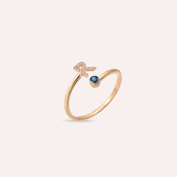 Diamond and Blue Sapphire Rose Gold R Letter Ring - 3