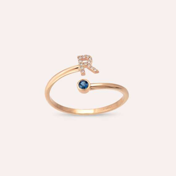 Diamond and Blue Sapphire Rose Gold R Letter Ring - 2