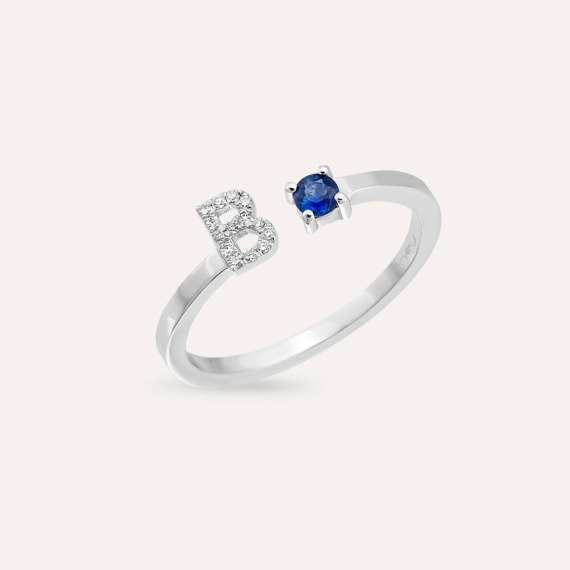 Diamond and Blue Sapphire White Gold B Letter Ring - 4