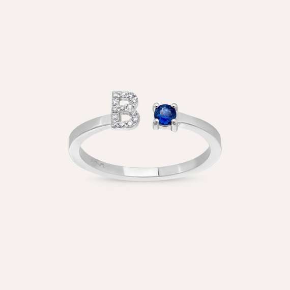 Diamond and Blue Sapphire White Gold B Letter Ring - 1