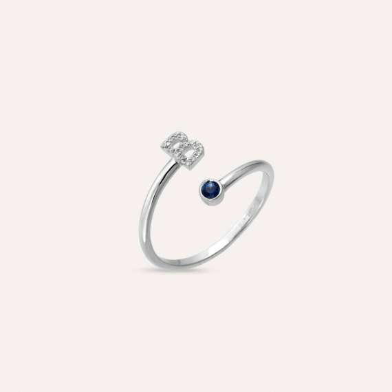 Diamond and Blue Sapphire White Gold B Letter Ring - 4