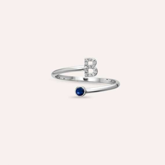 Diamond and Blue Sapphire White Gold B Letter Ring - 6