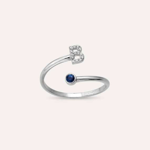 Diamond and Blue Sapphire White Gold B Letter Ring - 3
