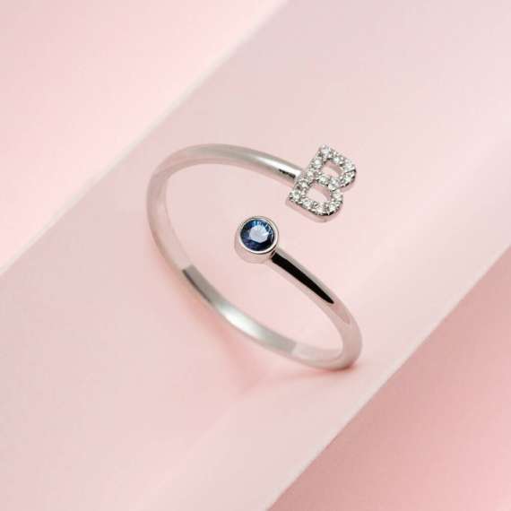 Diamond and Blue Sapphire White Gold B Letter Ring - 1