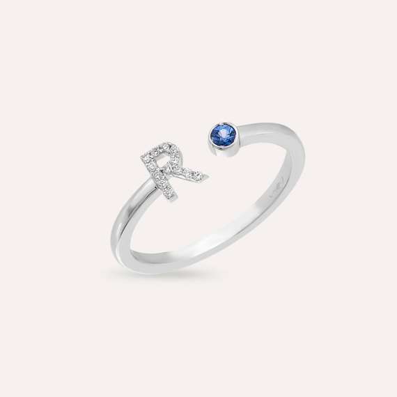 Diamond and Blue Sapphire White Gold R Letter Ring - 1