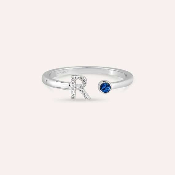 Diamond and Blue Sapphire White Gold R Letter Ring - 3