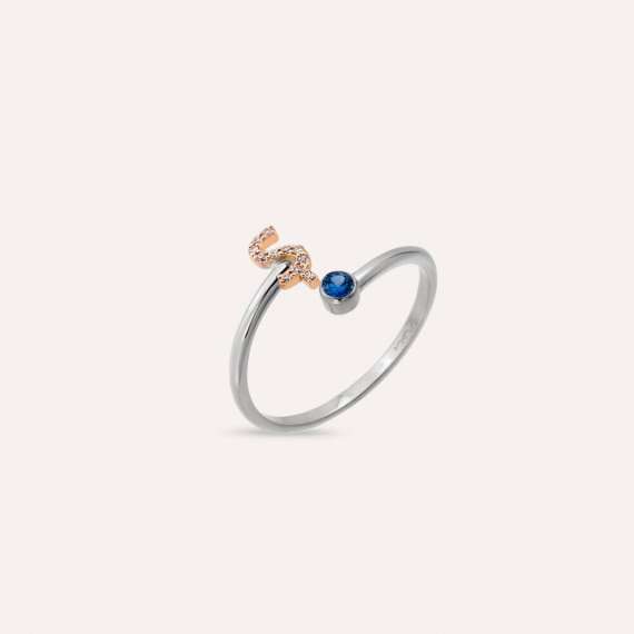 Diamond and Blue Sapphire White Gold Ş Letter Ring - 3