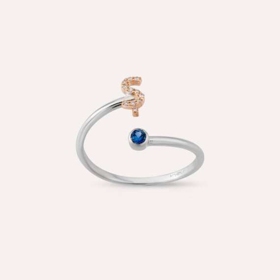 Diamond and Blue Sapphire White Gold Ş Letter Ring - 1
