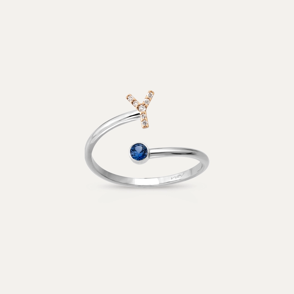Diamond and Blue Sapphire White Gold Y Letter Ring - 1