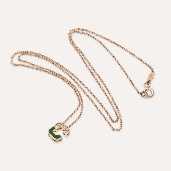 Diamond and Green Enamel Rose Gold C Letter Pendant - 4