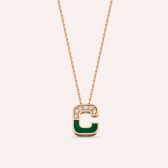 Diamond and Green Enamel Rose Gold C Letter Pendant - 1