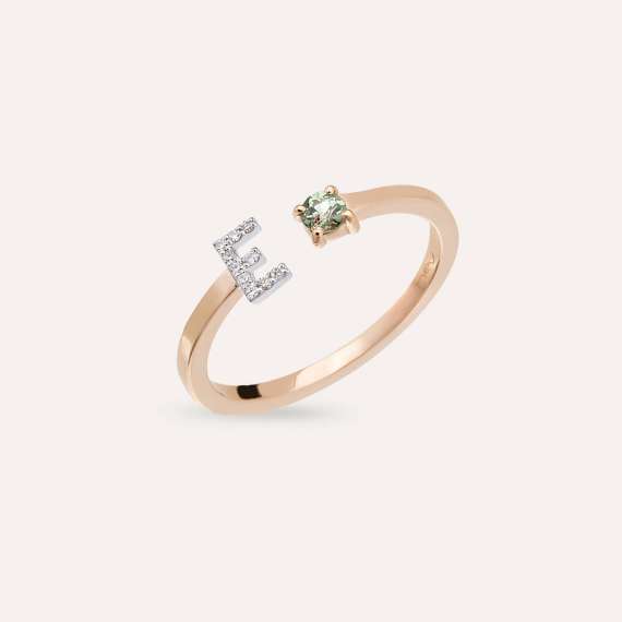 Diamond and Green Sapphire Rose Gold E Letter Ring - 3