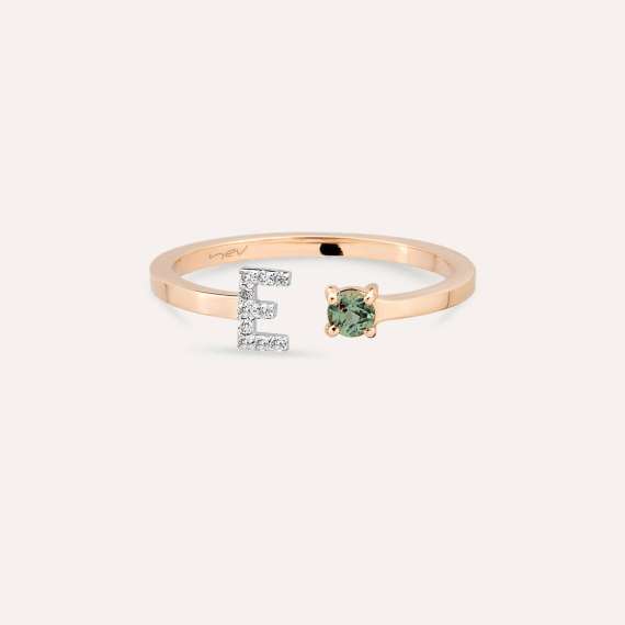 Diamond and Green Sapphire Rose Gold E Letter Ring - 4