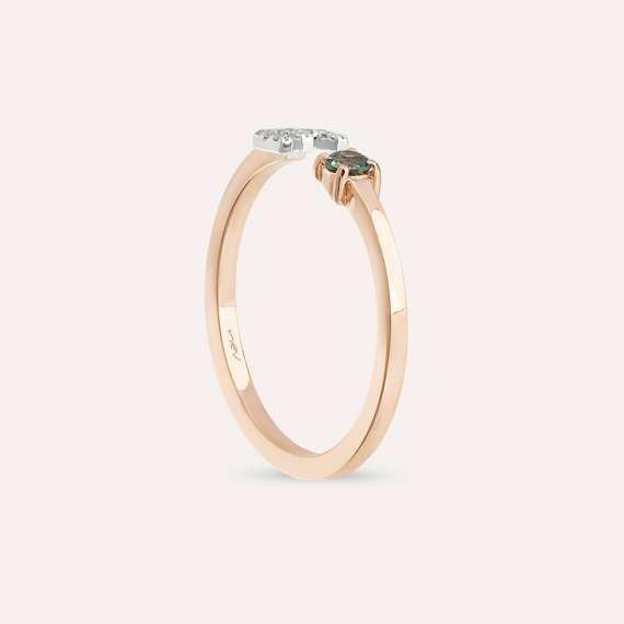 Diamond and Green Sapphire Rose Gold E Letter Ring - 5