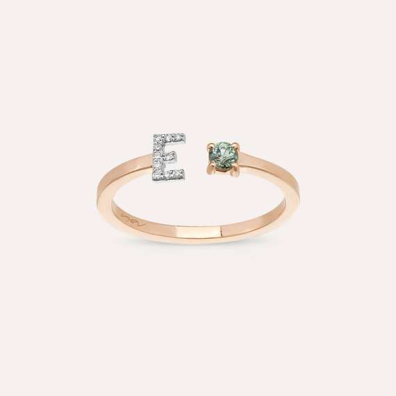 Diamond and Green Sapphire Rose Gold E Letter Ring - 1