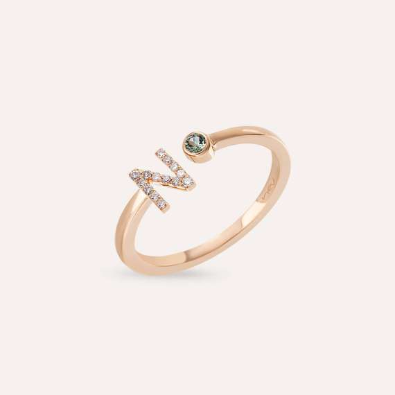 Diamond and Green Sapphire Rose Gold N Letter Ring - 4