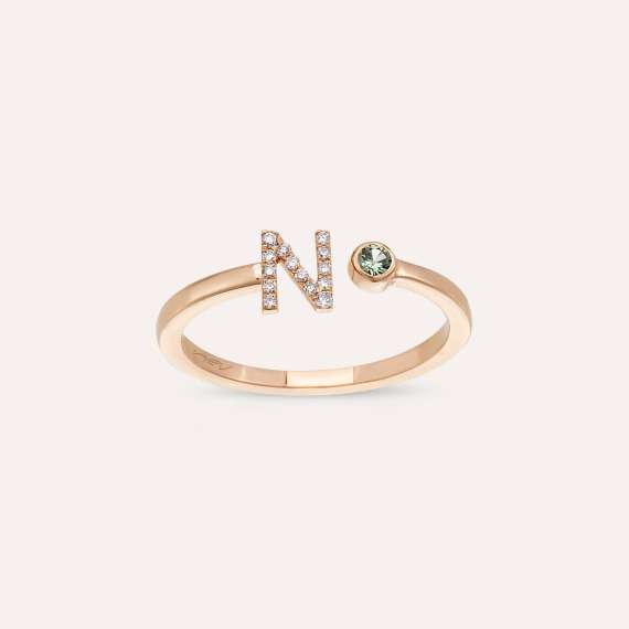 Diamond and Green Sapphire Rose Gold N Letter Ring - 1