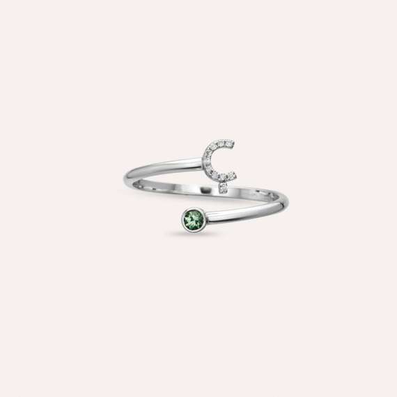 Diamond and Green Sapphire White Gold Ç Letter Ring - 5