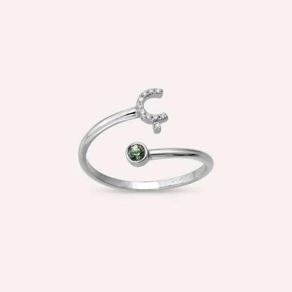 Diamond and Green Sapphire White Gold Ç Letter Ring - 1