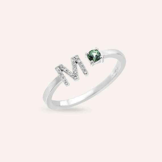 Diamond and Green Sapphire White Gold M Letter Ring - 1