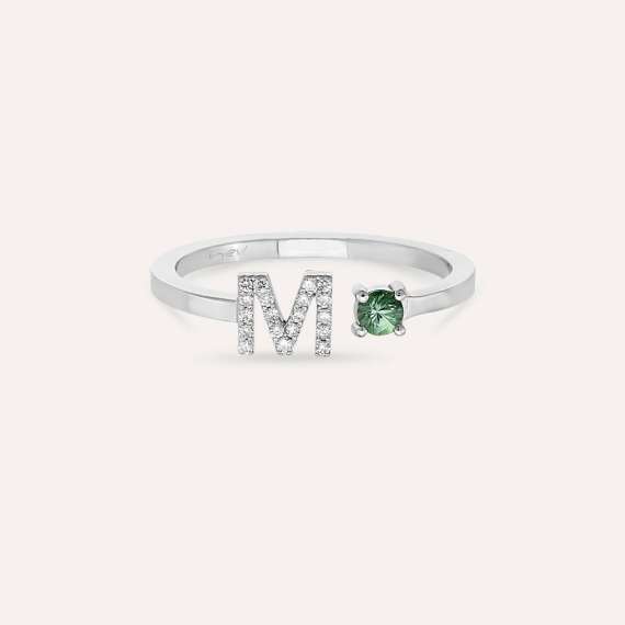 Diamond and Green Sapphire White Gold M Letter Ring - 3