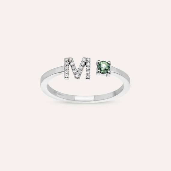 Diamond and Green Sapphire White Gold M Letter Ring - 2