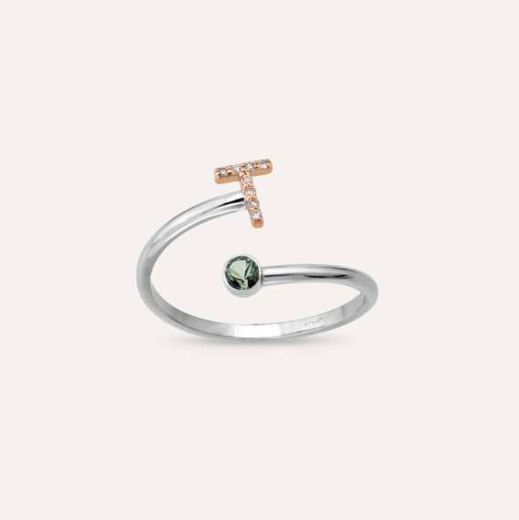 Diamond and Green Sapphire White Gold T Letter Ring - 1