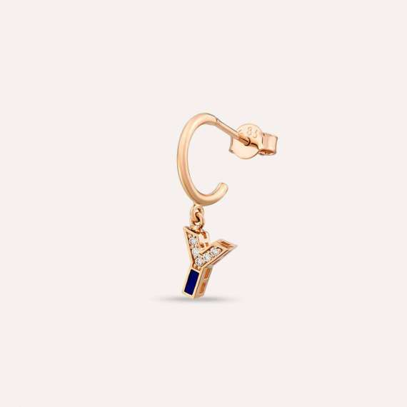 Diamond and Navy Blue Enamel Y Letter Single Dangling Earring - 1