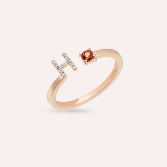Diamond and Orange Saphhire Rose Gold H Letter Ring - 2